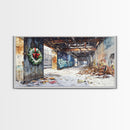 Rustic Urban Wreath Holiday Decor Framed Canvas Print, Christmas Scene with Snowfall and Graffiti Wall Perfect Holiday Wall Art