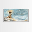 Coastal Christmas Lighthouse Decor Framed Canvas Print, Snowy Beach Scene with Holiday Wreath and Lighthouse Winter Wall Art