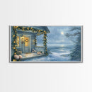 Rustic snowy mountain cabin with Christmas lights, Framed Canvas Print a cozy winter scene, perfect for winter wonderland wall decor