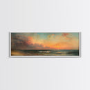 North Beach at Sunset, Framed Canvas Print, Beautiful Panoramic Seascape Painting, Boho / Minimalist Home Decor, Rustic Beach Art