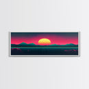 Synthwave Sunset Over The Mountains, Wireframe Art, Framed Canvas Print, Wire Frame Retro 1980s Style Wall Art