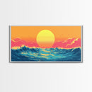 Retro Sunset Over The Ocean, Framed Canvas Print, Beautiful Synthwave Horizontal Wall Art