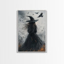 The Witch and her Crows, Framed Canvas print, Spooky Season Halloween Wall Art, Gothic Home Decor, Witch Wall Art, Halloween Art