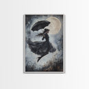 Witch Flying with an Umbrella, Framed Canvas Print, Witchy Decor, Halloween Wall Art, Goth Art, Dark Academia