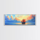 Japanese Sailboat on a Calm Sea, Framed Canvas Print, Panoramic Seascape Landscape Painting, Nautical Home Decor, Ocean Painting