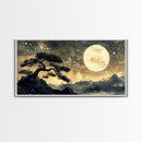 Bonzai Tree Under a Full Moon, Framed Canvas Print Ready To Hang, Minimalist Wabi Sabi Japanese Style Artwork, Above Sofa Wall Art, Home Decor
