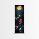 Koi Fish Under a Full Moon, Framed Canvas Print, Wabi Sabi Home Decor, Funky Boho Wall Art, Tall Skinny Art, Narrow Tall Wall Art