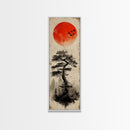 Bold Red Sun Pine Tree Framed Canvas Print Japanese Inspired Minimalist Wall Art Rustic Zen Decor Unique Vertical Nature Artwork
