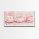 Vintage Tea Cups Artwork with Pink Wall Art Vibes on Framed Canvas Print, Cottagecore Style Kitchen or Dining Room Decor Gift