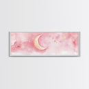 Crescent Moon with Stars Painting, Canvas Print, Light Pink Whimsical Wall Art, Nursery Aesthetic Artwork, Minimalist Cozy Decor