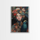Goddess Art Framed Canvas Print Featuring Whimsical Floral Headdress and Bird Art, Boho Bedroom Art with Vibrant Chinoiserie Vibes