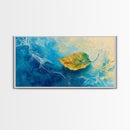 Leaf in Water, blue and green wall art, coastal decor, wabi sabi art, extra wide art, panoramic painting, Canvas Print, gift idea