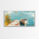 Wooden dock, rowboat, lake, marsh painting, fisherman painting, coastal decor, rustic wall art, framed canvas print, guest room art