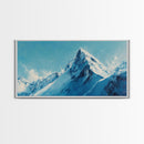 Mountain Painting, Blue and White Art, Snowy Peak Art, Framed Canvas Print, Rustic Decor, Minimalist Art, Extra Wide Art