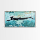 Woman Swimming, teal wall art, moody art, minimalist art, extra wide art, coastal decor, beach house art, Canvas Print
