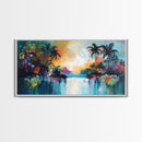 Tropical Sunset, Canvas Print, palm tree painting, coastal decor, wildflower painting, extra wide art, beach wall art