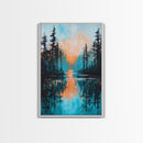 Sunset Reflection, pine tree art, landscape painting, teal wall art, Joshua tree art, framed canvas print, extra wide art