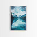 Serene Lake Reflection, lake Tahoe art, panoramic painting, above couch art, blue and green wall art, Framed Canvas Print