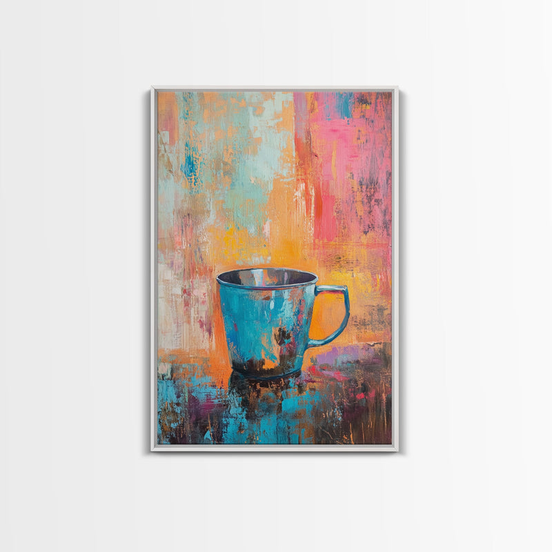 abstract art coffee mug Boho Coffee Cup Framed Canvas Print Vibrant Abstract Wall Art, Rustic Kitchen Decor, Cozy Cafe Artwork, Warm Colorful Home Accent