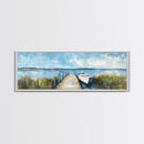 Lakeside Dock Framed Canvas Print Tranquil Waterfront Art Boat Painting Relaxing Cabin Decor Nautical Wall Art Rustic Living Room