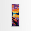 Wooden Canoe, Sunset Waters, Framed Canvas Print, Boho Wall Art, Lakehouse Decor, Vibrant Nature Painting, Living Room Artwork
