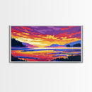 Serene River Sunset, Framed Canvas Print, Peaceful Landscape Art, Vibrant Nature Painting, Cabin Decor, Boho Aesthetic, Office Art