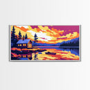 Cabin Lake, Sunset Reflection, Framed Canvas Print, Cozy Cottage Wall Art, Nature Landscape Painting, Fall Vibes, Living Room Art