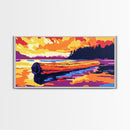 Floating Log, Sunset Water, Framed Canvas Print, Tranquil Lake Scene, Rustic Wilderness Art, Cabin Wall Decor, Home Artwork, Bedroom Art