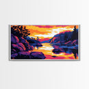 Golden Sunset, Rocky River, Mountain Reflection, Canvas Print, Rustic Lodge Wall Art, Autumn Home Decor, Warm Nature Painting, Colorful Art