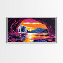 Sunset Waterfall, Cave Art, Nature Landscape, Rustic Home Decor, Wilderness Wall Art, Adventure Scene, Framed Canvas Print