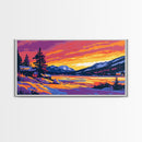 Snowy Sunset, Cabin Art, Winter Landscape, Cozy Lodge Decor, Scenic Mountain View, Rustic Living Room, Framed Canvas Print