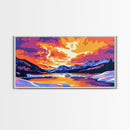 Frozen River, Mountain Sunset, Winter Landscape, Nature Wall Art, Cozy Home Aesthetic, Seasonal Framed Canvas Print