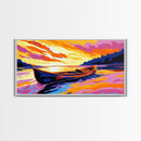 Canoe Sunset, Lake Reflection, Peaceful Nature Scene, Wilderness Wall Art, Tranquil Home Decor, Framed Canvas Print