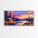 Log Cabin, River Sunset, Cozy Home Decor, Vibrant Nature Art, Framed Canvas Print, Rustic Wall Artwork, Mountain Scene