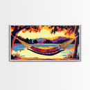 Hammock View, Relaxing Lake, Golden Sunset, Vibrant Home Decor, Framed Canvas Print, Boho Wall Art, Tranquil Nature Scene