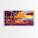 Beach Café, Vibrant Coastal Scene, Warm Color Wall Art, Sunset Patio Print, Boho Home Decor, Framed Canvas Print, Dining Room Wall Art