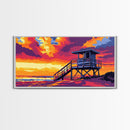 Lifeguard Tower, Beach Sunset, Coastal Landscape, Ocean Home Decor, Framed Canvas Print, Modern Wall Art, Vibrant Seaside Scene
