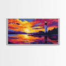 Seaside Lighthouse, Golden Sunset, Ocean Wall Art, Nautical Decor, Framed Canvas Print, Coastal Living Room Artwork, Vibrant Landscape