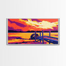 Dockside Sunset, Tranquil Lake Scene, Water Reflection Art, Nature Wall Decor, Framed Canvas Print, Rustic Home Artwork, Boho Style