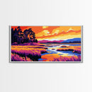 Marshland Sunset, Tranquil Water Scene, Vibrant Nature Art, Rustic Landscape Decor, Framed Canvas Print, Cabin Wall Artwork, Serene Style