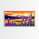 Mountain Meadow, Lupine Flowers, Vibrant Sunset, Framed Canvas Print, Colorful Landscape Art, Nature Wall Decor, Boho Home Art