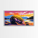 Mossy Rock, River Sunset, Nature Serenity, Framed Canvas Print, Rustic Landscape Art, Living Room Wall Decor, Boho Wilderness Art