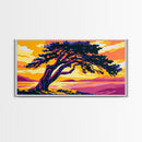Windswept Tree, Sunset Lake, Coastal Tranquility, Framed Canvas Print, Modern Nature Wall Art, Earthy Boho Decor, Vibrant Landscape