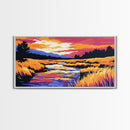 Flowing Stream, Sunset Glow, Nature Wall Art, Vibrant Scenery, Framed Canvas Print, Outdoor Enthusiast Gift, Relaxing Home Decor