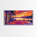 Lakeside Café, Sunset Art, Vibrant Landscape, Waterfront Decor, Modern Impressionism, Cozy Bistro Scene, Warm Tones, Canvas Print