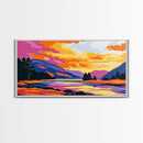 Serene River, Colorful Mountain Scene, Nature Wall Art, Framed Canvas Print, Relaxing Art, Bedroom Wall Decor, Sunset Painting