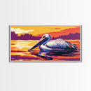 Pelican, Water Reflection, Framed Canvas Print, Coastal Wildlife Wall Art, Beach House Decor, Vibrant Animal Painting, Nature Art