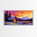 Mountain Cabin, Snowy Retreat, Cozy Lodge, Vibrant Sunset, Nature Art, Rustic Home Aesthetic, Living Room or Bedroom, Canvas Print