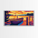 Wooden Boat, Serene Water Landscape, Calm Lake Scene, Vibrant Sunset Art, Framed Canvas Print, Living Room Wall Decor, Rustic Home Style