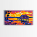 Cabin on Water, Peaceful Lakeside Art, Vibrant Sunset Reflection, Cozy Retreat Decor, Framed Canvas Print, Bedroom Artwork, Home Ambiance